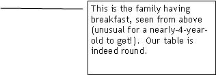 Line Callout 2: This is the family having breakfast, seen from above (unusual for a nearly-4-year-old to get!).  Our table is indeed round.